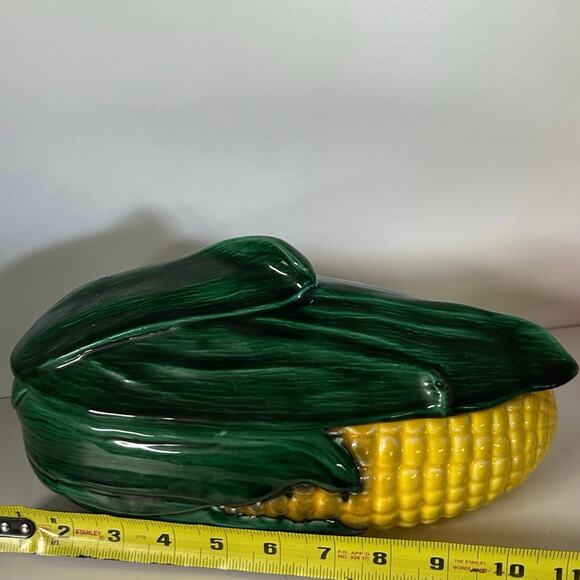 Corn Shaped Covered Ceramic 11” Dish Green Yellow Farmhouse Decor Covered Lid - Picture 4 of 4